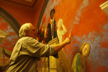 Lincoln Perry painting Cabell Hall Murals, April, 2010